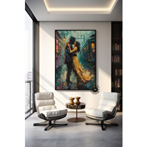 Romantik Çift Duvar Sanatı – Soyut Öpüşen Çift Çok Renkli Kanvas; Aşıklar Sanatı; Renkli Duvar Tablos 60x120 cm