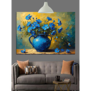 Vazoda Mavi Çiçek Buketi Dekoratif Kanvas - Mdf Ahşap Tablo 70x100 cm