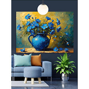 Vazoda Mavi Çiçek Buketi Dekoratif Kanvas - Mdf Ahşap Tablo 70x100 cm