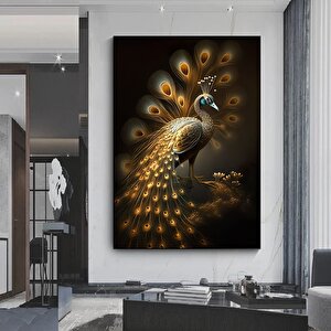 Modern Sanat Tavuskuşu – Lüks Dijital Baskı Sanatı; Tavuskuşu Kanvas Tablosu 90x150 cm