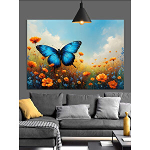 Parlak Mavi Kelebek Ve Çiçekler Dekoratif Kanvas - Mdf Ahşap Tablo 35x50 cm