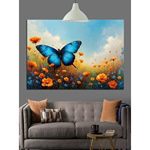 Parlak Mavi Kelebek Ve Çiçekler Dekoratif Kanvas - Mdf Ahşap Tablo 35x50 cm