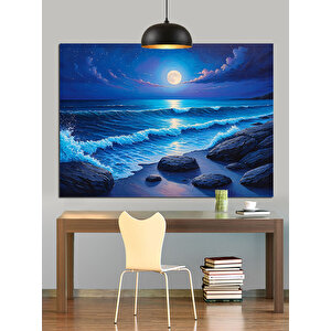 Sahilde Parlayan Dolunay Gecesi Dekoratif Kanvas - Mdf Ahşap Tablo 70x100 cm