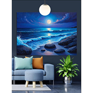 Sahilde Parlayan Dolunay Gecesi Dekoratif Kanvas - Mdf Ahşap Tablo 70x100 cm