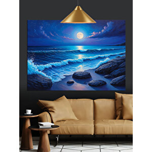 Sahilde Parlayan Dolunay Gecesi Dekoratif Kanvas - Mdf Ahşap Tablo 70x100 cm