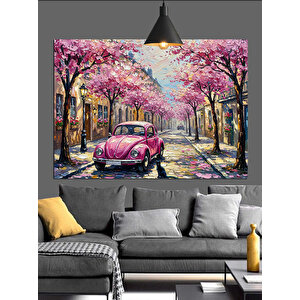 Japonya'da Kiraz Çiçekleri Altında Lüks Araba Dekoratif Kanvas - Mdf Ahşap Tablo 35x50 cm