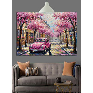 Japonya'da Kiraz Çiçekleri Altında Lüks Araba Dekoratif Kanvas - Mdf Ahşap Tablo 35x50 cm