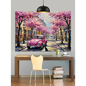 Japonya'da Kiraz Çiçekleri Altında Lüks Araba Dekoratif Kanvas - Mdf Ahşap Tablo 35x50 cm