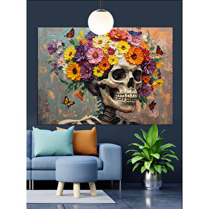 Çiçekli Kafatası Sanat Eseri Dekoratif Kanvas - Mdf Ahşap Tablo 35x50 cm