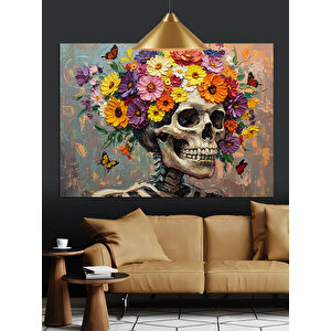 Çiçekli Kafatası Sanat Eseri Dekoratif Kanvas - Mdf Ahşap Tablo 35x50 cm