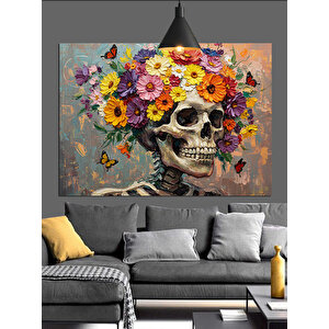 Çiçekli Kafatası Sanat Eseri Dekoratif Kanvas - Mdf Ahşap Tablo 35x50 cm
