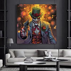 Silahlı Palyaço Kanvas Tablo – Üç Parçalı Takım Elbiseli Korku Sanatı 70x70 cm