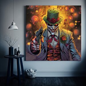 Silahlı Palyaço Kanvas Tablo – Üç Parçalı Takım Elbiseli Korku Sanatı 70x70 cm