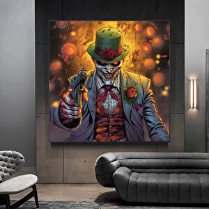 Silahlı Palyaço Kanvas Tablo – Üç Parçalı Takım Elbiseli Korku Sanatı 70x70 cm