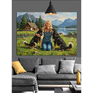 Köpekler Doğa Aile Manzarası Dekoratif Kanvas - Mdf Ahşap Tablo 70x100 cm