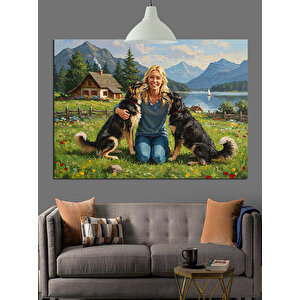 Köpekler Doğa Aile Manzarası Dekoratif Kanvas - Mdf Ahşap Tablo 70x100 cm