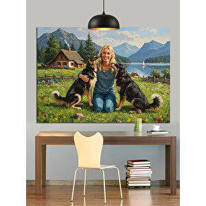 Köpekler Doğa Aile Manzarası Dekoratif Kanvas - Mdf Ahşap Tablo 70x100 cm