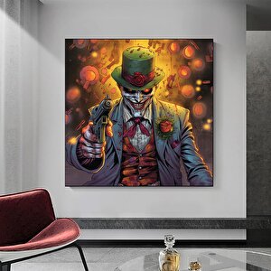 Silahlı Palyaço Kanvas Tablo – Üç Parçalı Takım Elbiseli Korku Sanatı