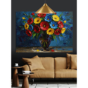 Parlak Renkli Çiçeklerden Oluşmuş Vazo Dekoratif Kanvas - Mdf Ahşap Tablo 25x35 cm
