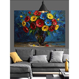Parlak Renkli Çiçeklerden Oluşmuş Vazo Dekoratif Kanvas - Mdf Ahşap Tablo 25x35 cm