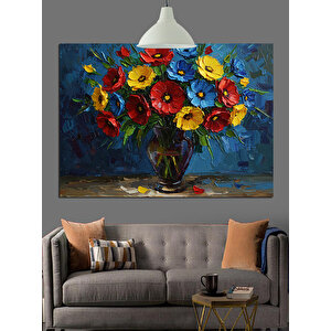 Parlak Renkli Çiçeklerden Oluşmuş Vazo Dekoratif Kanvas - Mdf Ahşap Tablo 25x35 cm