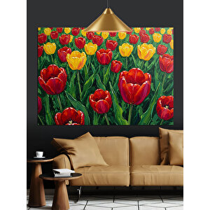 Parlak Kırmızı Lale Çiçekleri Tarlası Dekoratif Kanvas - Mdf Ahşap Tablo 70x100 cm