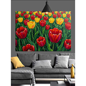 Parlak Kırmızı Lale Çiçekleri Tarlası Dekoratif Kanvas - Mdf Ahşap Tablo 70x100 cm