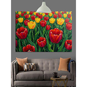 Parlak Kırmızı Lale Çiçekleri Tarlası Dekoratif Kanvas - Mdf Ahşap Tablo 70x100 cm