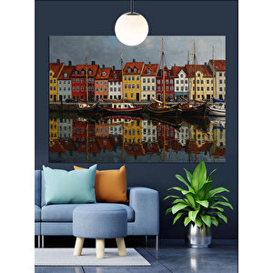 Renkli Evler Sıralanmış Kanal Manzarası Dekoratif Kanvas - Mdf Ahşap Tablo 25x35 cm