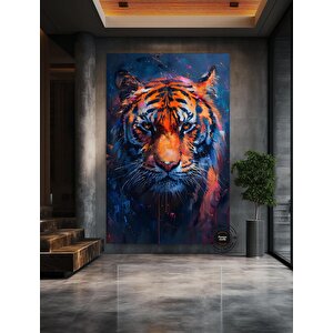 Vahşi Kaplan Kanvas Duvar Sanatı, Renkli Canlı Yağlıboya Tarzı, Bengal Kaplan Portresi