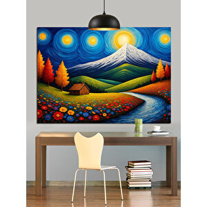 Mavi Dağlarda Renkli Çiçek Tarlası Dekoratif Kanvas - Mdf Ahşap Tablo 50x70 cm