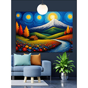 Mavi Dağlarda Renkli Çiçek Tarlası Dekoratif Kanvas - Mdf Ahşap Tablo 50x70 cm