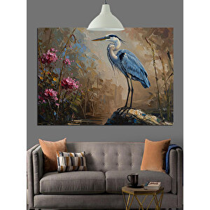 Çiçekler Arasında Duran Balıkçıl Kuşu Dekoratif Kanvas - Mdf Ahşap Tablo 70x100 cm