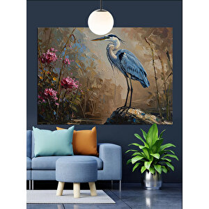 Çiçekler Arasında Duran Balıkçıl Kuşu Dekoratif Kanvas - Mdf Ahşap Tablo 70x100 cm