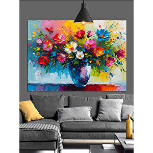 Renkli Çiçek Buketi Vazo Dekoratif Kanvas - Mdf Ahşap Tablo 70x100 cm