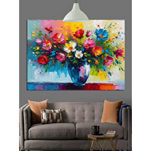 Renkli Çiçek Buketi Vazo Dekoratif Kanvas - Mdf Ahşap Tablo 70x100 cm