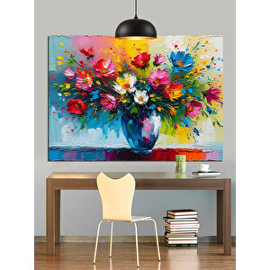 Renkli Çiçek Buketi Vazo Dekoratif Kanvas - Mdf Ahşap Tablo 70x100 cm