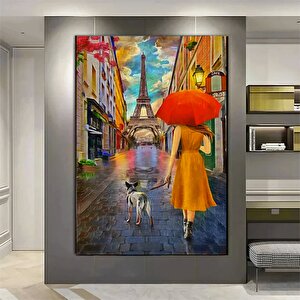 Kırmızı Şemsiye Çift Duvar Sanatı – Eyfel Kulesi Ve Kırmızı Şemsiye Kanvas; Modern Minimalist Dekor; 80x120 cm