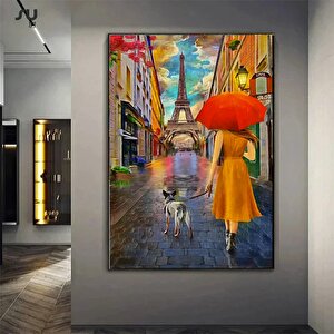 Kırmızı Şemsiye Çift Duvar Sanatı – Eyfel Kulesi Ve Kırmızı Şemsiye Kanvas; Modern Minimalist Dekor;