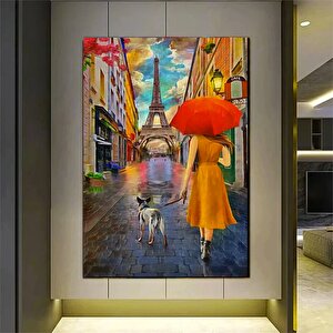 Kırmızı Şemsiye Çift Duvar Sanatı – Eyfel Kulesi Ve Kırmızı Şemsiye Kanvas; Modern Minimalist Dekor; 70x100 cm