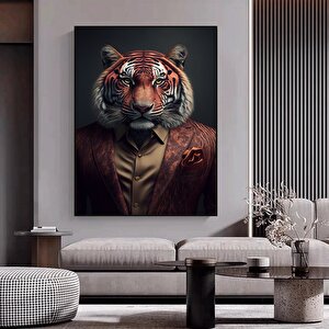 Kravatlı Kaplan Adam Kanvas Duvar Sanatı; Kaplan Kanvas Baskı 120x150 cm