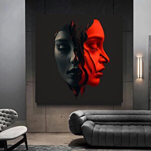 İki Yüz 3d Kırmızı Ve Gri Tarzda Soyut Sanat. Kanvas Duvar Dekoru, Minimalist Kadın Kanvas Tablosu 30x30 cm