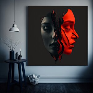 İki Yüz 3d Kırmızı Ve Gri Tarzda Soyut Sanat. Kanvas Duvar Dekoru, Minimalist Kadın Kanvas Tablosu 70x70 cm