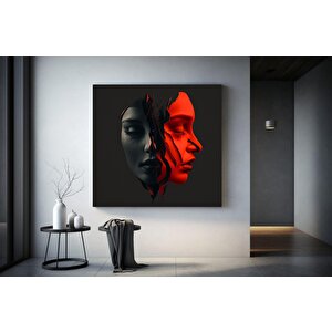 İki Yüz 3d Kırmızı Ve Gri Tarzda Soyut Sanat. Kanvas Duvar Dekoru, Minimalist Kadın Kanvas Tablosu