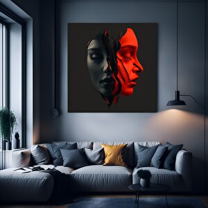 İki Yüz 3d Kırmızı Ve Gri Tarzda Soyut Sanat. Kanvas Duvar Dekoru, Minimalist Kadın Kanvas Tablosu