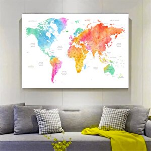 Renkli Dünya Haritası Kanvas Baskısı, Dünya Haritası Posteri, Dünya Haritası Duvar Sanatı 70x100 cm