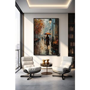 Şemsiye Tutan Kadın Soyut Sanatı | Renkli Kanvas Baskı | Çerçeveli, Asmaya Hazır 60x120 cm