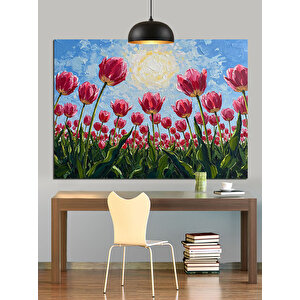 Kırmızı Lale Çiçek Tarlası Dekoratif Kanvas - Mdf Ahşap Tablo 35x50 cm