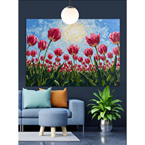 Kırmızı Lale Çiçek Tarlası Dekoratif Kanvas - Mdf Ahşap Tablo 35x50 cm