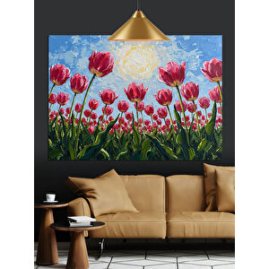 Kırmızı Lale Çiçek Tarlası Dekoratif Kanvas - Mdf Ahşap Tablo 35x50 cm